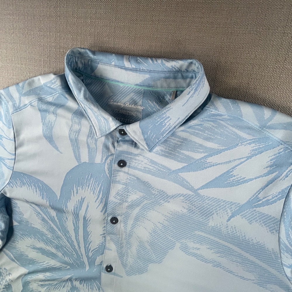 Tommy Bahama Polo Shirt Mens 2XL Blue IslandZone Tropical Palm Leaf Print